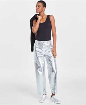 Metallic Faux-Leather Pants Womens 14 Silver On 34th Cropped
